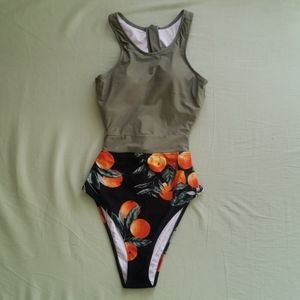 Colour Block Peach Pattern Bathing Suit